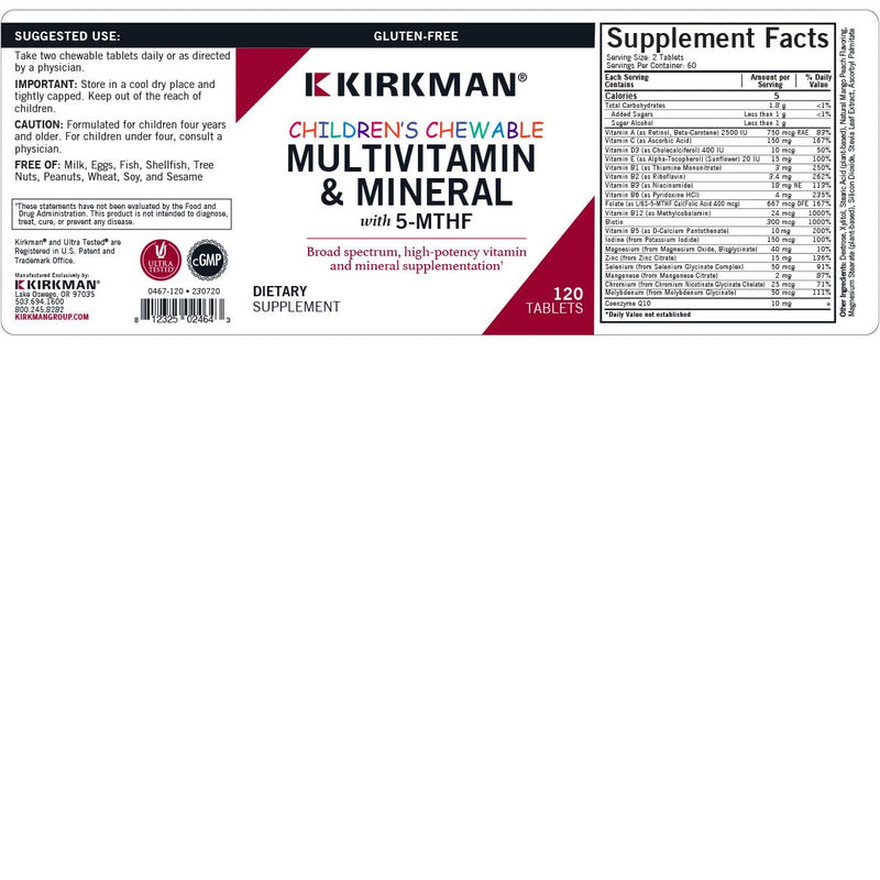 Kirkman - Children's Multivitamin & Mineral Chewable with 5-MTHF - 120 Capsules - Potent Broad-Spectrum Vitamin/Mineral Supplement - with Coenzyme Q-10 - Natural Mango Peach Flavor