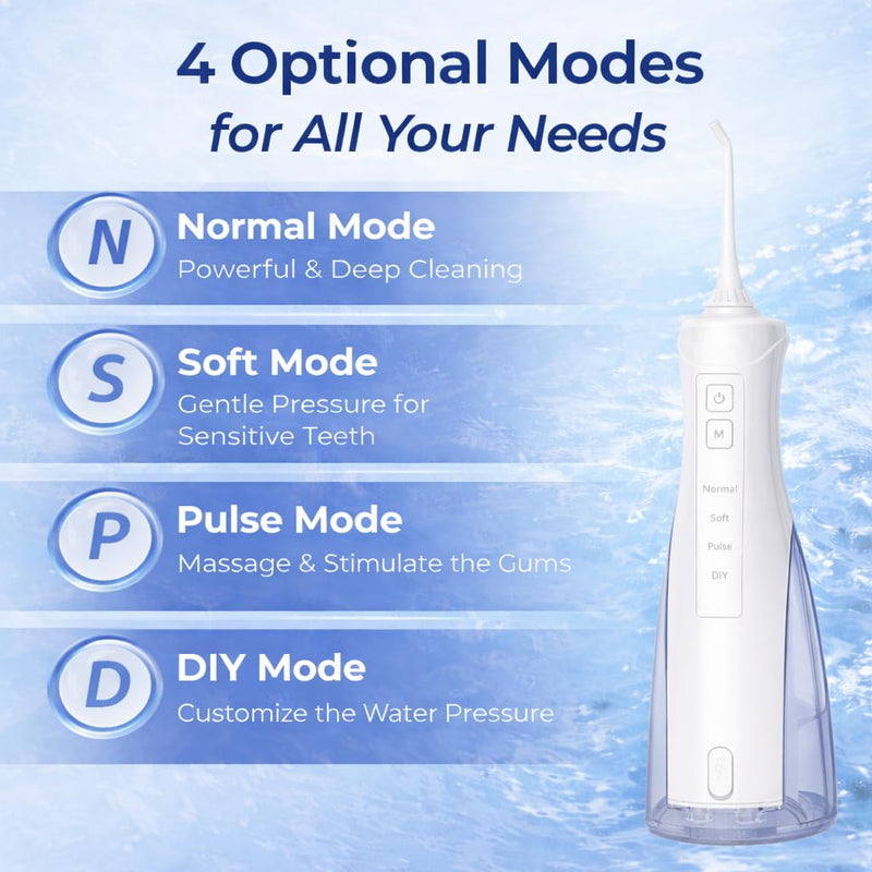 Water Flosser for Teeth, Portable Cordless Oral Irrigator with 4 Modes, 300ML Large Water Tank, IPX7 Waterproof Dental Flosser for Braces, Travel & Home Use (White) White