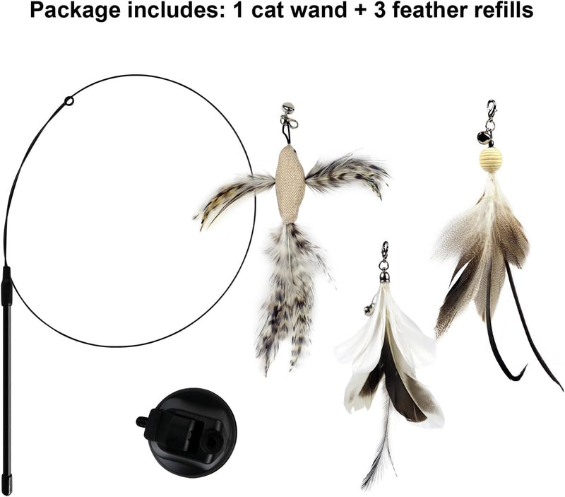 Cat Wand Toys with Suction Cup, Interactive Bird Simulation Cat Toy Set,Cat Teaser Cat Toys,Flexible Steel Wire and 3Pcs Replacement Feather Refills with Bells. Suction Toy Set(3 Refills） - BeesActive Australia