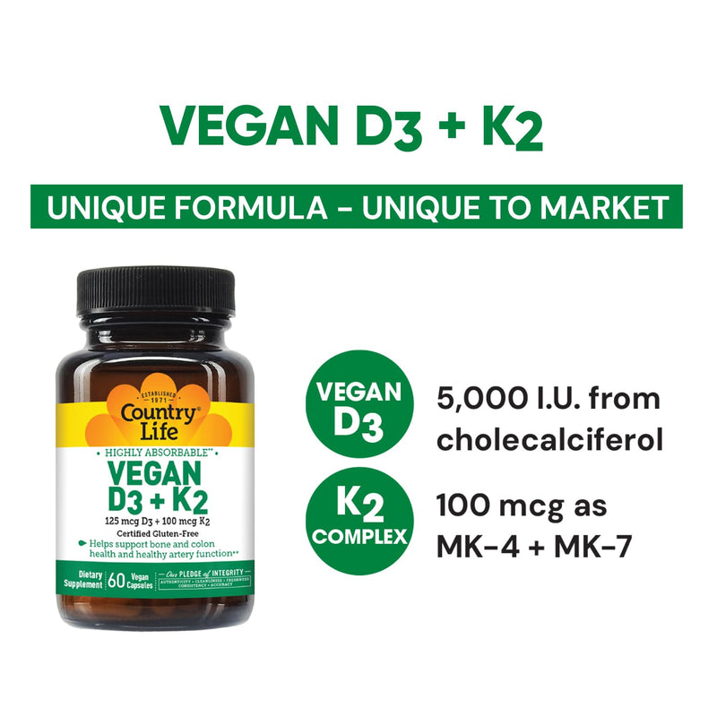 Country Life Vegan D3 + K2, MK-4 and MK-7, 60 Capsules | Provides 5,000 IU vitamin D3 and 100 mcg vitamin K2 from MK-4 and MK-7 60 Count (Pack of 1)