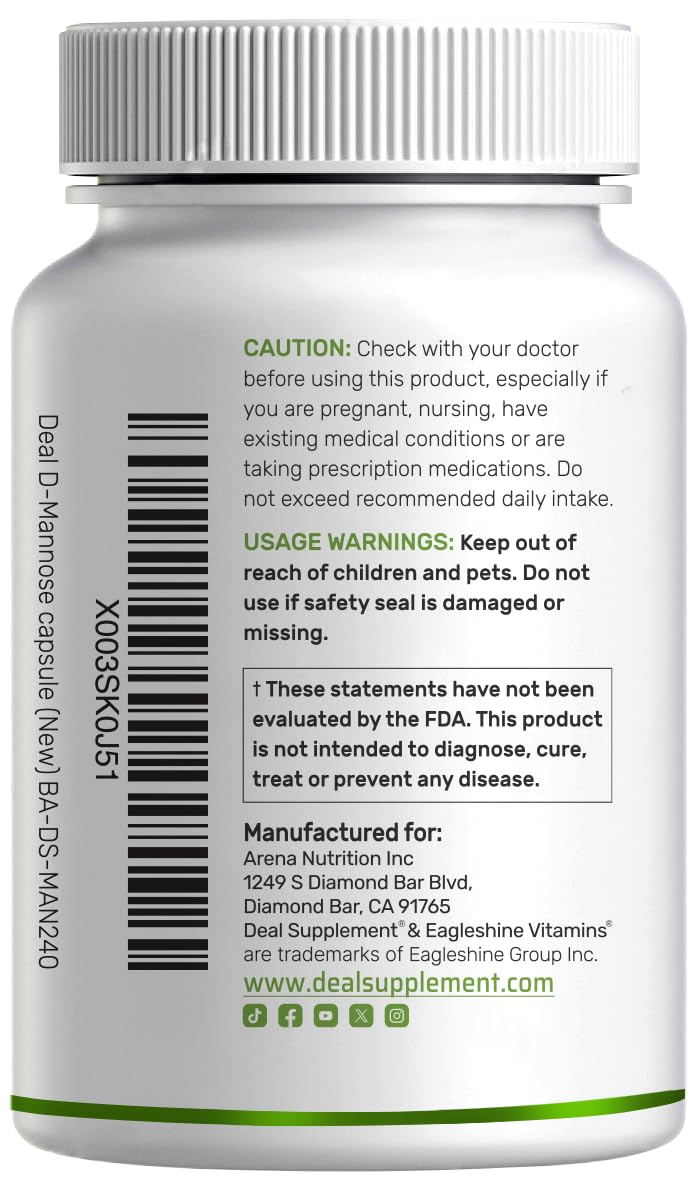 DEAL SUPPLEMENT D Mannose 500mg Capsules (2,000mg Per Serving), 240 Veggie Pills – Fast Acting Water-Soluble Form – Extra Strength Urinary Tract (UTI) Health Support – Non-GMO, Vegan Friendly