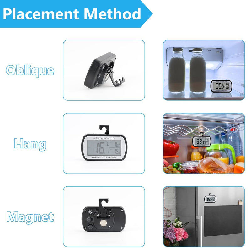 2 Pack Refrigerator Fridge Thermometer Digital Freezer Room Thermometer Waterproof Large LCD Display Max/Min Record Function-Black Black