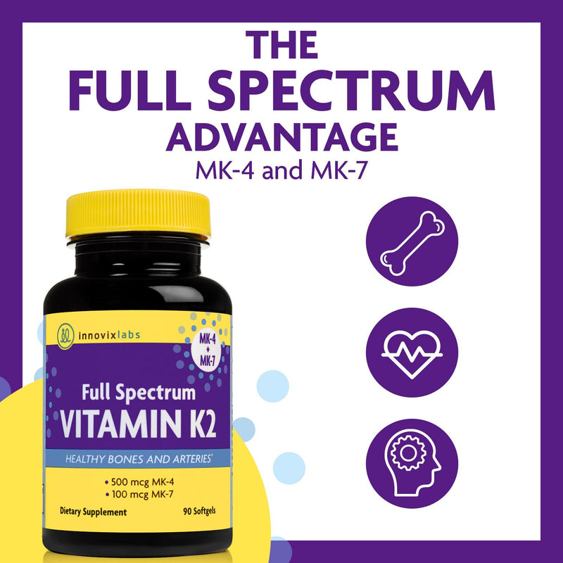 InnovixLabs Full Spectrum Vitamin K2 MK-7-90 Capsules - Vit K2 Vitamin Supplement with Trans Form MK7 & MK4-600 mcg - Supports General Health & Bones, K-2 Vitamins - Soy & Gluten Free - BeesActive Australia