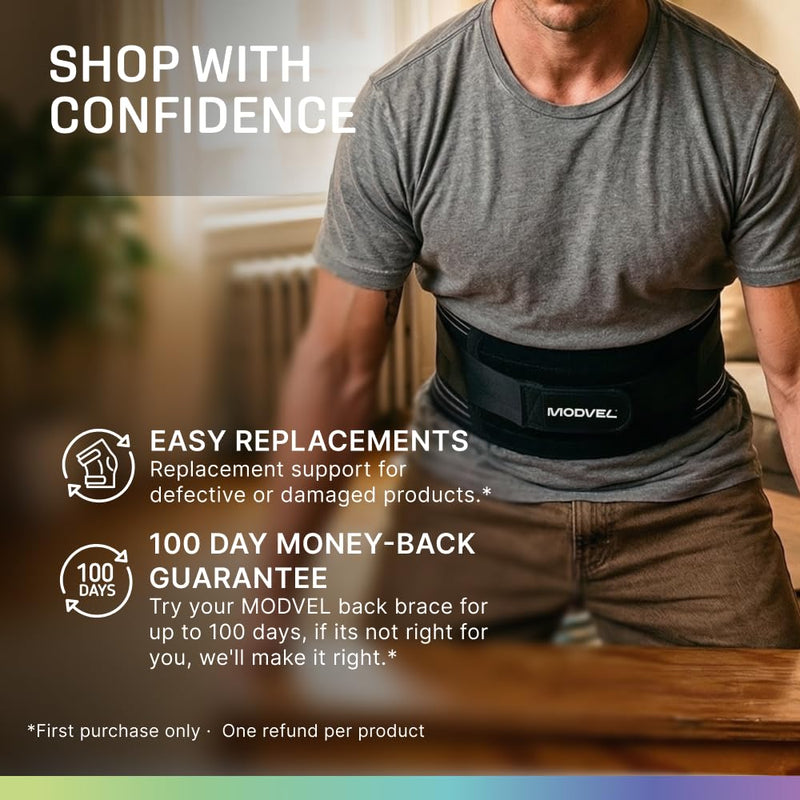 Modvel Back Brace for Lower Back Pain Women and Men – Lumbar Support Belt for Sciatica, Herniated Disc, Muscle Strain – Adjustable Breathable Work Brace with 6 Stays – Support for Posture – Size L Large BLACK 1