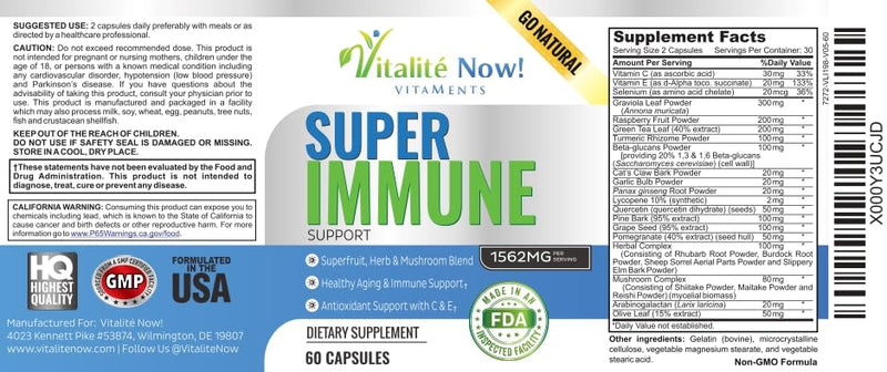 Vitalité Now! Super Wellness Immune Booster & Defense with Quercetin | Immunity Support 25 Vitamins, Herbs, Superfoods, Mushrooms - Vitamins C & E - Selenium - Turmeric - 60 Capsules