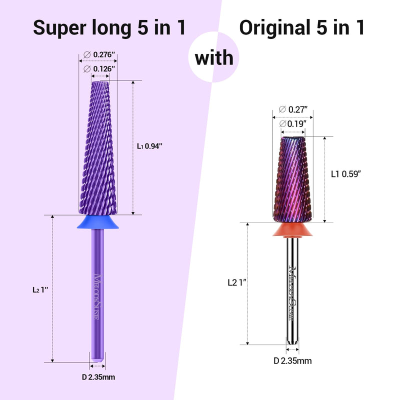 MelodySusie Super Long 5 in 1 Nail Drill Bits, 3/32'' Carbide Tungsten Bits, Suitable for Manicure Pedicure Cuticle Gel Polishing, Professional Advanced Bits, Purple, Series Bit-X, Medium Medium-M - BeesActive Australia