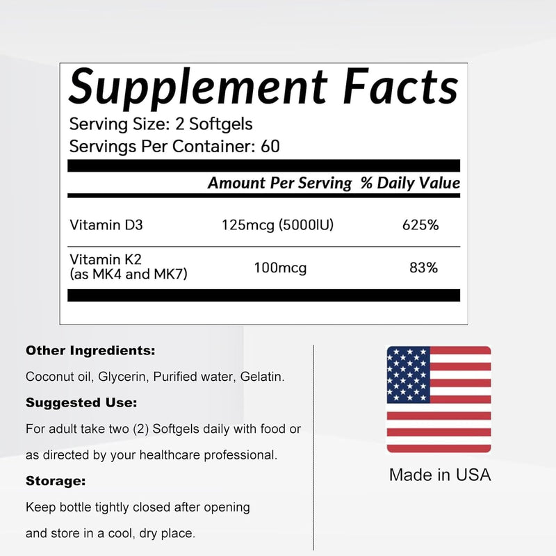 LIIFE Vitamin D3 + K2 (MK7 & MK4) 5000 IU,240 Softgels | Features 5000 IU D3 with MK7 & MK4, supports immune, bone and heart health. Non-GMO & Gluten-Free formula 240 Count (Pack of 1)