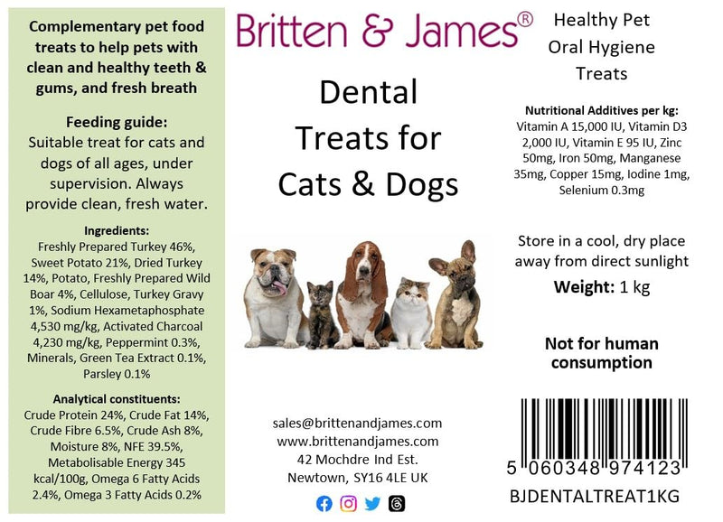 Britten and James Dental Treats for Dogs and Cats (1kg tub). 100% Natural Grain-Free Treats for Oral Hygiene, Fresh Breath, Teeth Cleaning, Healthy Gums and Plaque Removal Dental support