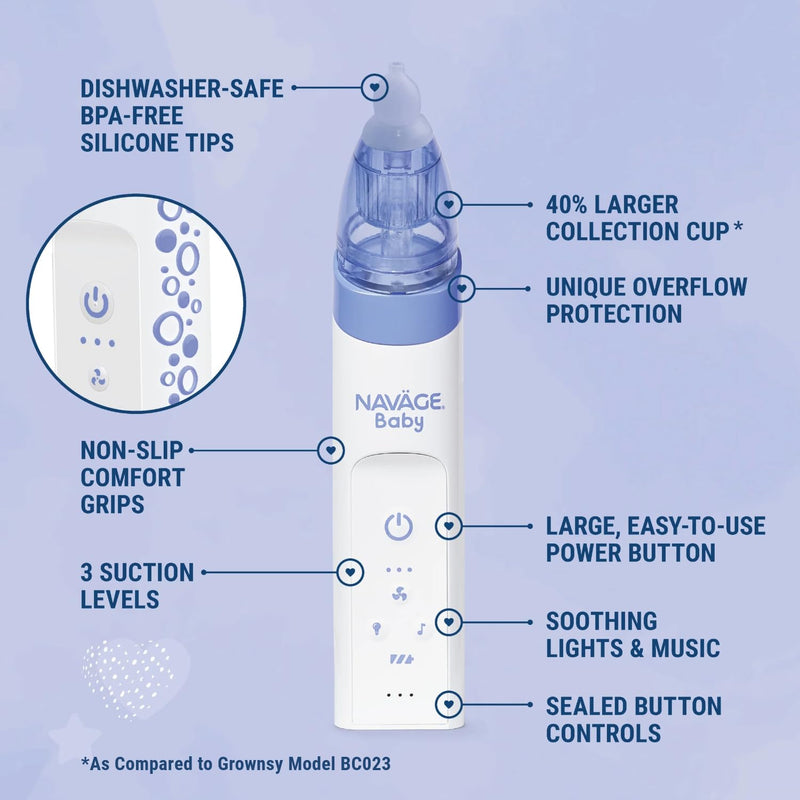 Navage Baby Nasal Aspirator - Gentle, Pediatrician Endorsed Nasal Aspirator for Baby Congestion & Stuffy Noses - Baby Nose Sucker w/ Lights, Lullabies & BPA Free Silicone Tips - BeesActive Australia
