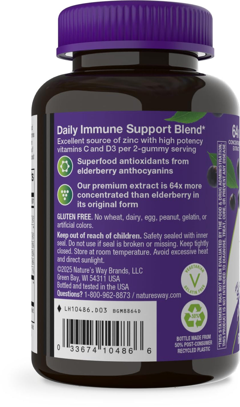 Nature's Way Sambucus Elderberry Gummies, Immune Support Ages 4+, 60 ct x3 | Immune Gummy with Black Elderberry Extract, Vitamin C, D3, Zinc, and Superfood Antioxidants*, Adults & Kids Ages 4+ 60 Count (Pack of 3)