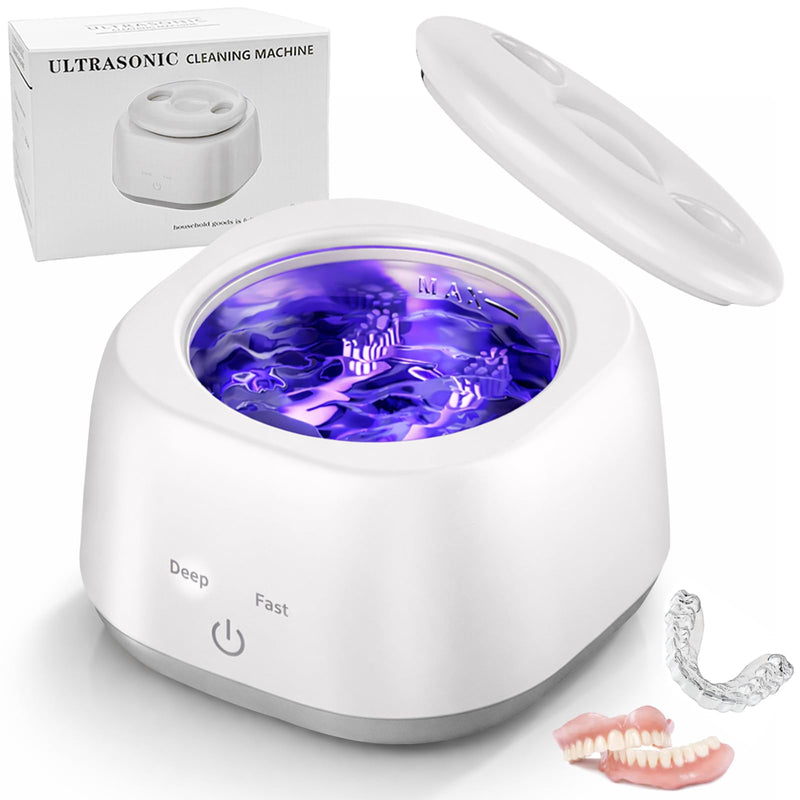 Ultrasonic Retainer Cleaner Machine 48kHz Denture Cleaning Pod, 280ML Dental Deep Cleaning Pod for Dentures, Aligners, Invisalign, Mouth Guards, Night Guards, Jewelry, Toothbrush (White) white