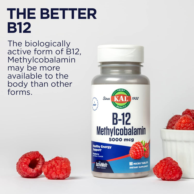 KAL Vitamin B12 Methylcobalamin 5000mcg, Healthy Energy, Metabolism, Nerve & Red Blood Cell Support,* Fast Dissolve ActivMelts, Optimal Absorption, Natural Raspberry Flavor, 90 Servings, 90 Micro Tabs | Cellular Energy, Metabolism, Nerve & Red Blood Ce...