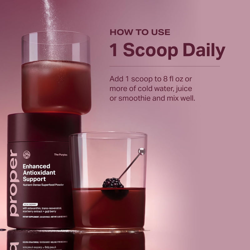 Proper The Purples Antioxidant Superfood Powder with Acai and Blueberry | Antioxidant Superfood Powder With Acai, Amla, Blueberry, Vitamin C, Probiotics, Prebiotic Fiber, And B Vitamins For Wellness