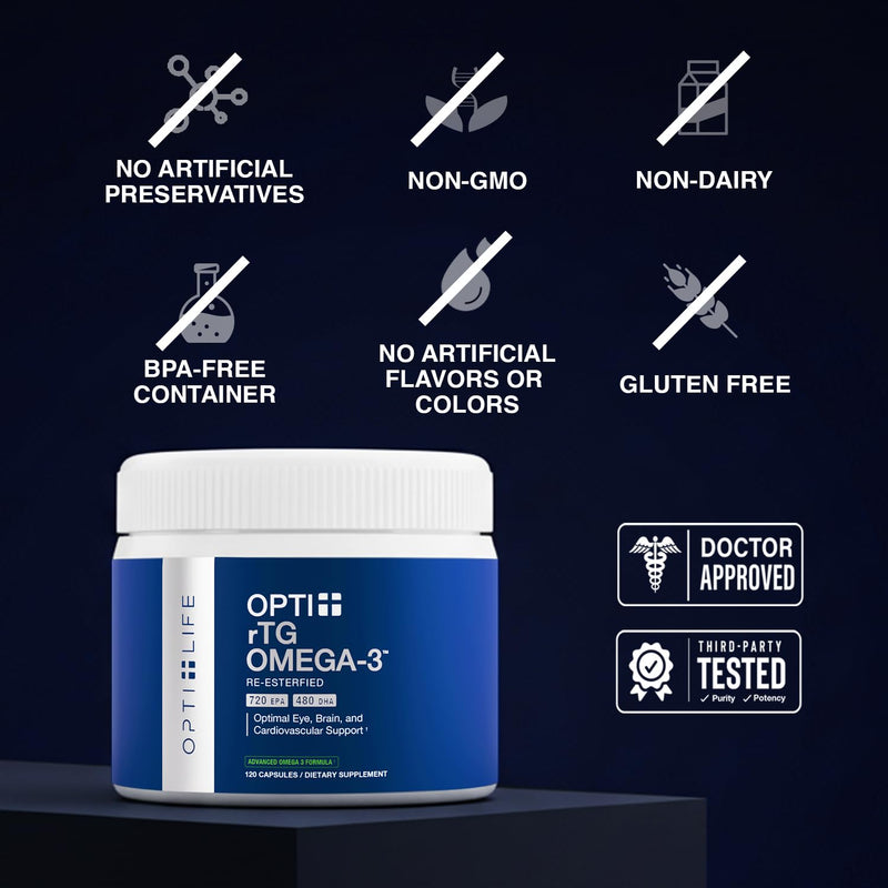 Opti + Omega 3 Fish Oil | EPA DHA, Heart Brain Joint Support* | Doctor Formulated | Daily Use Omega 3 DHA EPA | Burpless Softgels | 120 Softgels/ 60 Servings