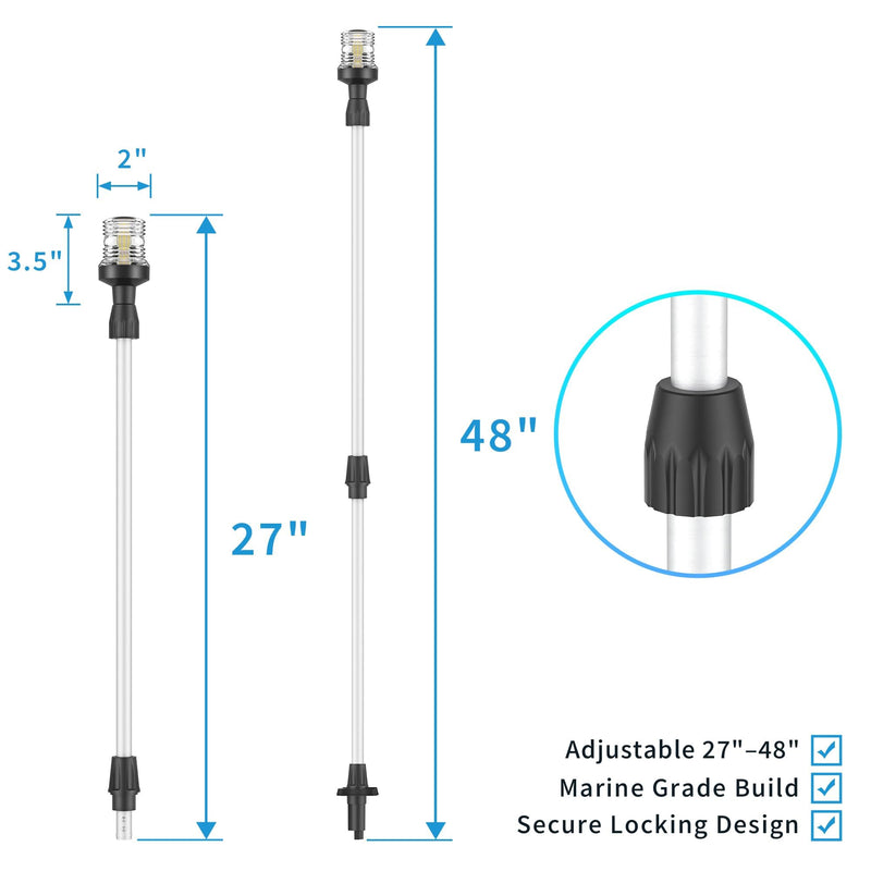 Obcursco Boat Stern Lights, Telescoping Pole 27"-48" LED Anchor Light with Base, 12V Adjustable 3NM 360° Navigation Lighting for Pontoon, Yacht, Bass, and Fishing Boats (27"-48", Silver) Silver 02 - BeesActive Australia