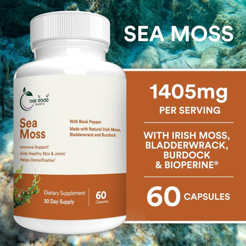 Sea Moss (60 Capsules) with 1405mg of Irish Moss Bladderwrack Burdock Black Pepper Extract Calcium Magnesium Potassium Zinc Selenium Iodine with Vitamins A, B2, C, B9 and K