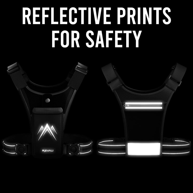 REVALI Running Vest for Men Women, USA Patent, Ultralight Reflective Running Vest Phone Holder Chest Pack for Hiking Cycling Black