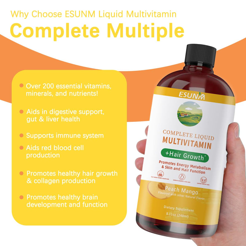 ESUNM Complete Liquid Multivitamin + Hair Growth, Promotes Energy Metabolism& Skin and Hair Function| Vitamin C D | B Vitamins | Help to Thicker Hair, Wrinkles, Fine Lines, Skin Care 8.11 Fl Oz (Pack of 1)