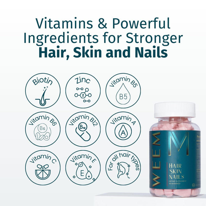 WEEM Hair Skin and Nails Gummies - Supports Healthy Hair - Vegan biotin Vitamins for Women & Men Supports Faster Hair Growth, Stronger Nails, Healthy Skin, Extra Strength (2) 2