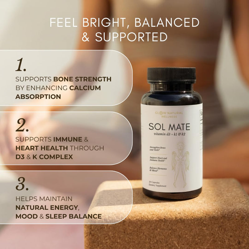 Glow Natural Wellness Sol Mate - Vitamin D3 & K2 Supplement for Women, Vitamins K1 & K2 + D3 Daily Capsules, 30 Count