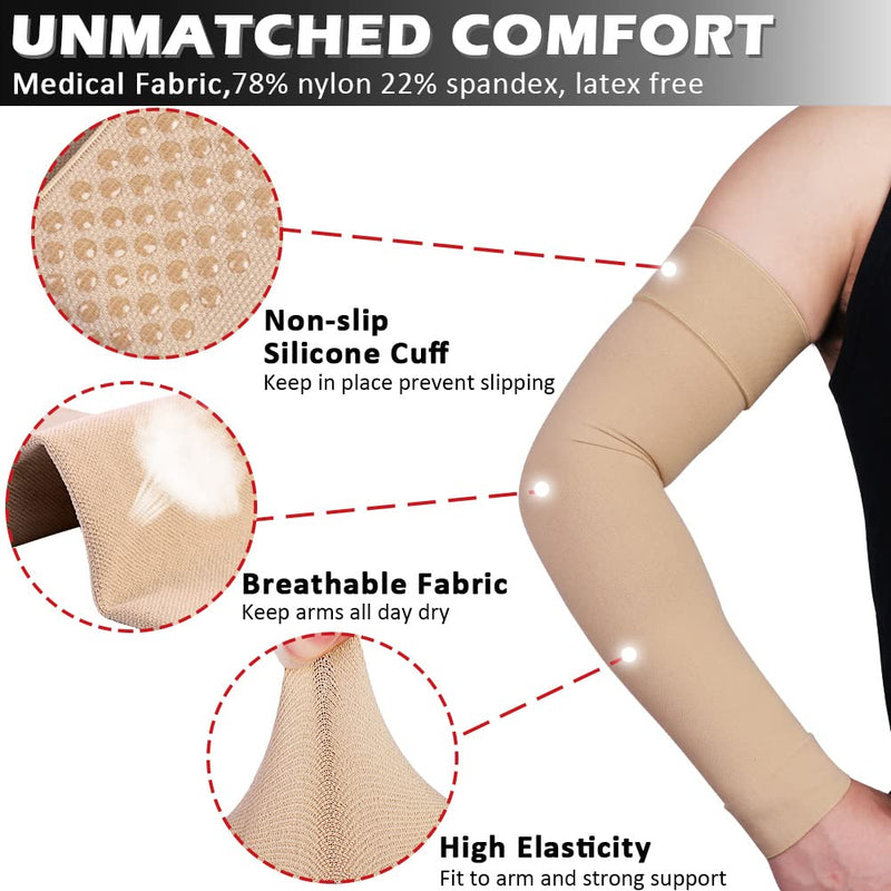 Ailaka Medical Compression Arm Sleeves for Men Women - 20-30 mmHg Lymphedema Compression Sleeves Support for Arms Pain Beige Medium（1 Pair）
