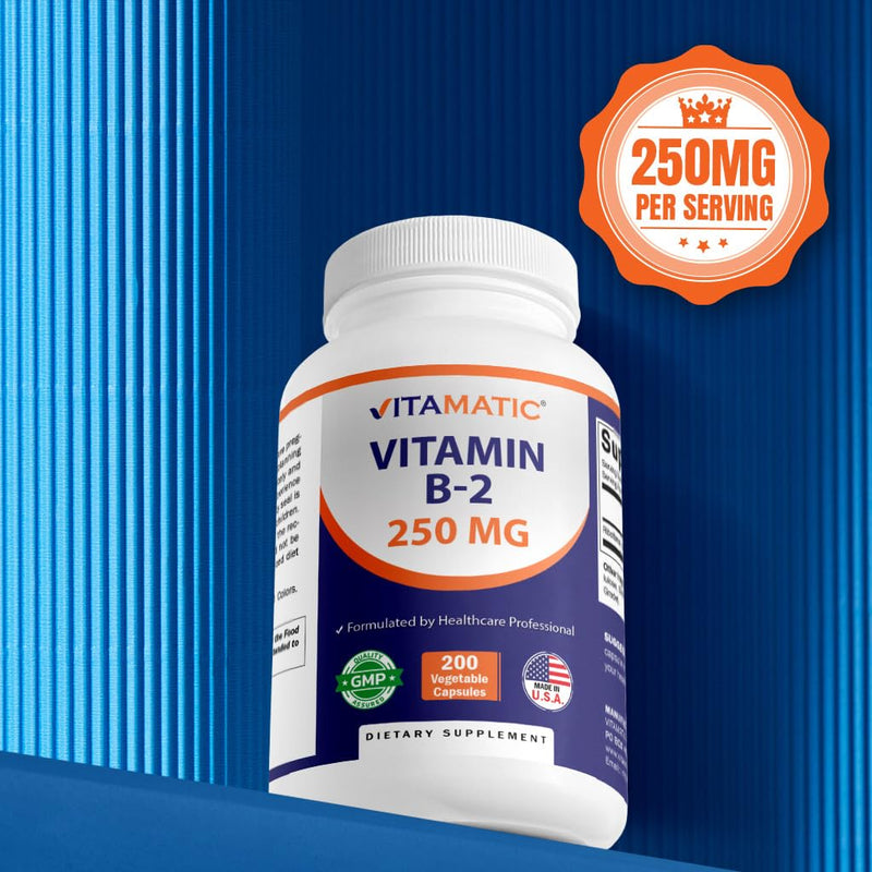 Vitamatic Vitamin B2 (Riboflavin) 250 mg, 200 Vegetarian Capsules (2 Pack) | Supports Energy Metabolism, Healthy Skin & Eye and Antioxidant*, Non GMO, Gluten Free, Made in USA