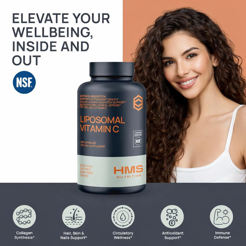 HMS Nutrition Liposomal Vitamin C 1600 mg — Fat‑Soluble, High‑Absorption Liposomal C Capsules for Immune & Skin Support | NSF‑Certified, Non‑GMO, Gluten‑Free | 180 Capsules (90‑Day Supply)