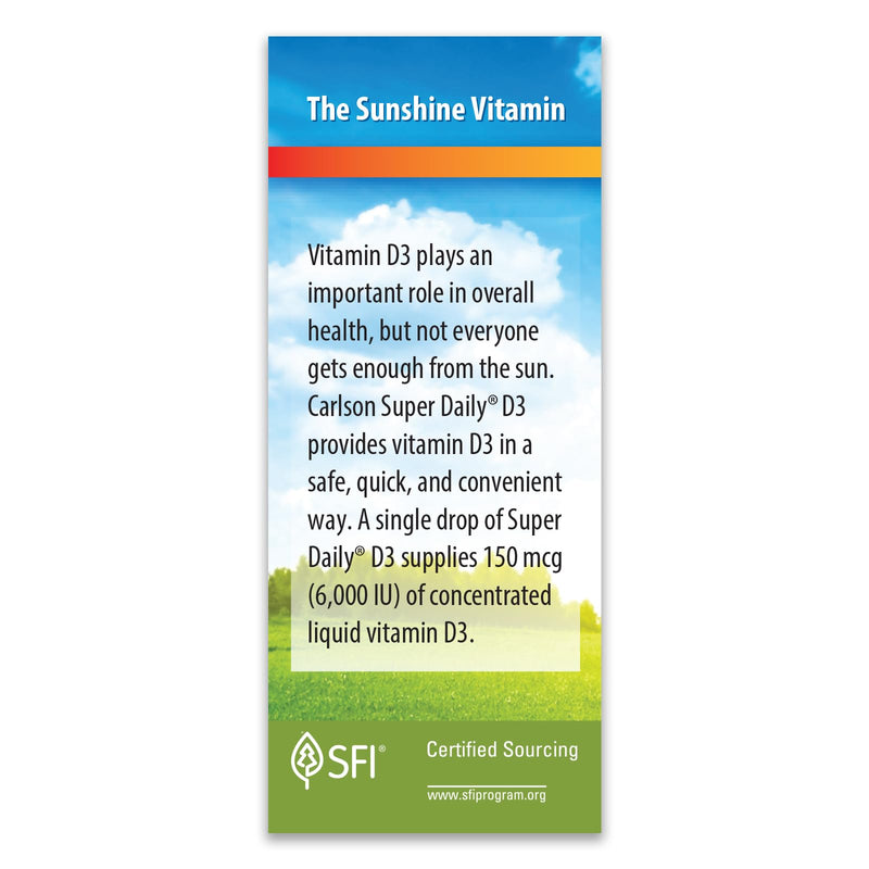 Carlson Super Daily D3, 6000 IU (150 mcg), 365 Vegetarian Drops (10.3 mL) | Unflavored; per Drop; Liquid Vitamin D3; 1-Year Supply; Non-GMO