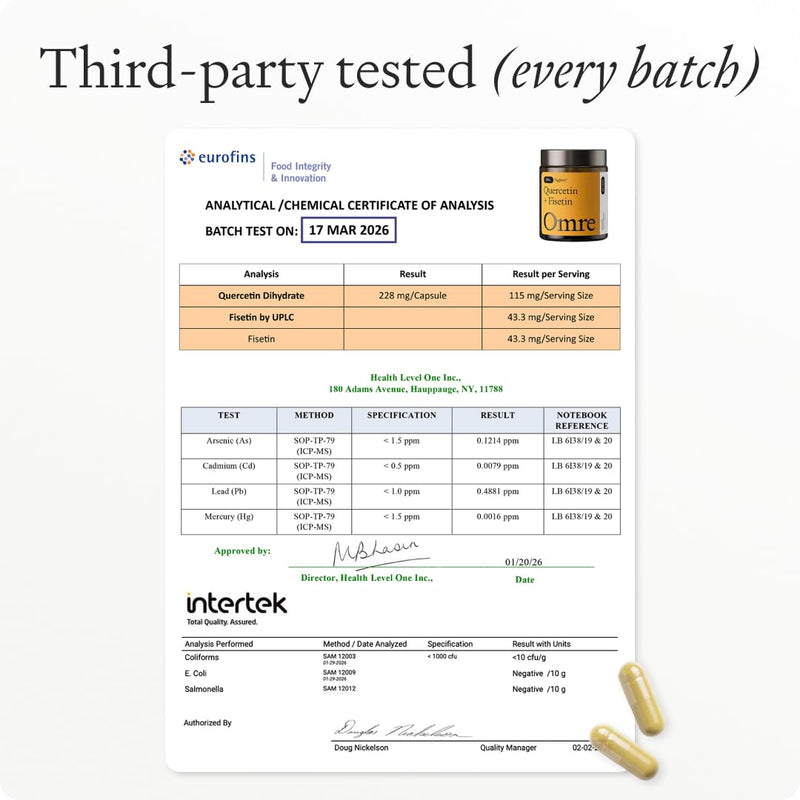 OMRE Quercetin and Fisetin Supplements - Third-Party Tested Senolytic Supplements for Aging Support - 500mg Quercetin Phytosome and 100mg Fisetin - Highly Bioavailable Forms