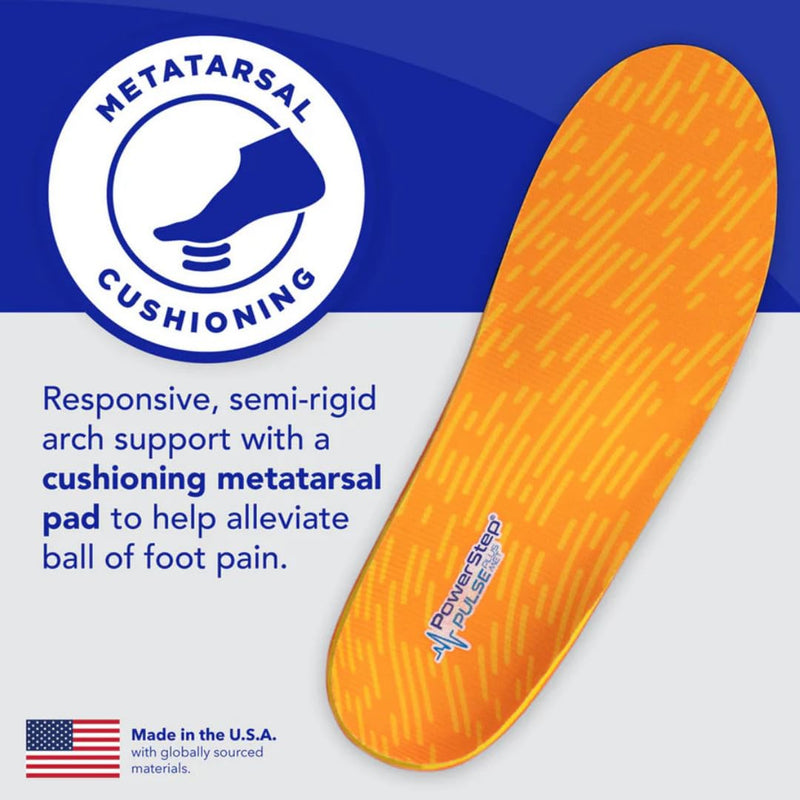 PowerStep Pulse Plus Met - Ball of Foot Pain Relief Shoe Insoles - Running Shoe Orthotics for Metatarsal Foot Pain, and Morton's Neuroma Relief - Made in The USA (M 10-10.5, W 12) Orange/Yellow Men's 10-10.5 | Women's 12