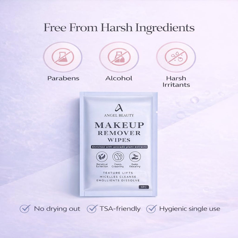 Angel Beauty Makeup Remover Wipes – 30 Individually Wrapped Micellar Face Wipes Singles – Daily Gentle Facial Cleanser with Aloe, Avocado & Vitamin C – Alcohol-Free, Paraben-Free, Travel-Friendly