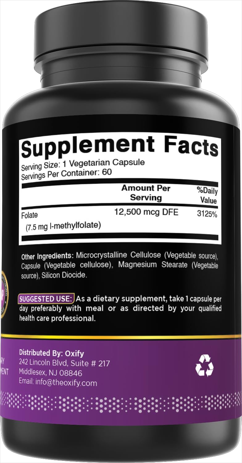 Oxify Methyl Folate 7500 mcg | 60 Capsules | Gluten-Free, Non-GMO | Supplement Made in USA