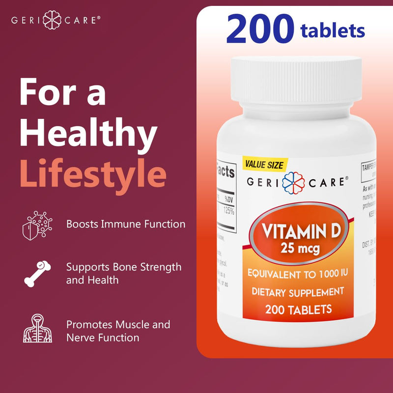 GeriCare Vitamin D-3 25 mcg (1,000 IU) – Supports Strong Bones, Healthy Mood & Immune Defense – Daily Support Supplement for Overall Well-Being – 200 Tablets (Pack of 1) 200 Count (Pack of 1) Vitamin D 25mcg