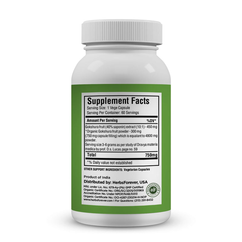 Gokshura Capsules – Tribulus Terrestris – Saponin 30% – Urinary Support Stamina and Male Energy – 60 Vege Capsules – 750 Mg Each - BeesActive Australia