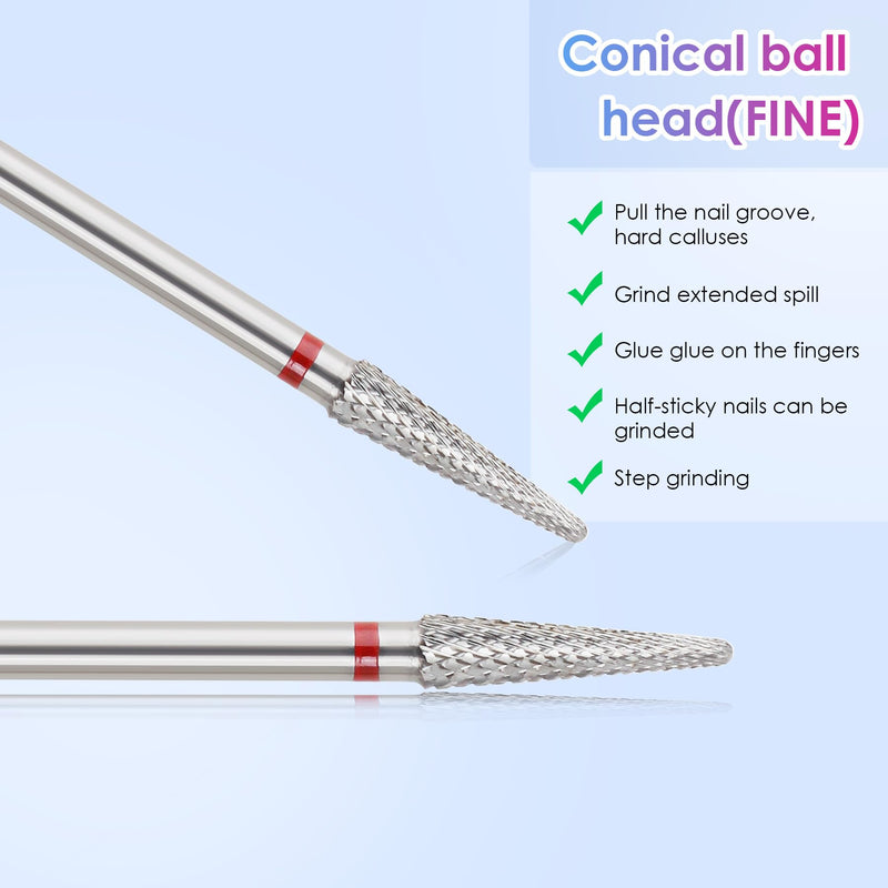 Qunzhao Tungsten Steel Nail Drill Bits,- Removing cuticle Bits 3/32" Shank - Manicure, Nail Art, Drill Machine tools (02 F-Conical ball bit) 02 F-Conical ball bit
