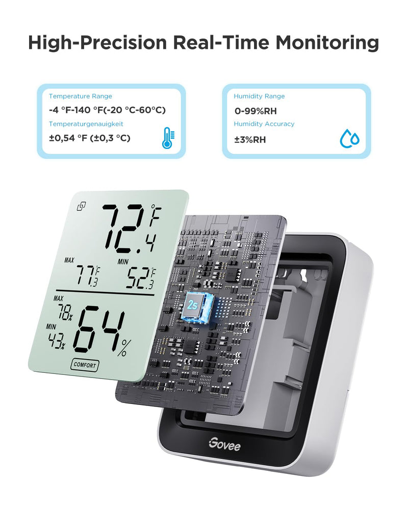 Govee Digital Hygrometer Indoor Thermometer Room H5075, Bluetooth Temperature Humidity Meter with 164ft Remote App Control, Notification Alerts, 2 Years Data Storage Export for Bedroom, Wine Cellar 1 Pack Black