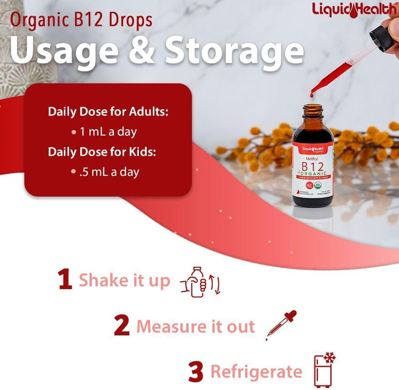 LIQUIDHEALTH USDA Organic Methyl Vitamin B12 Methylcobalamin Liquid Drops with Tart Cherry Juice - Boost Energy, Immune Support, Improve Memory & Concentration - USA Made, Vegan, Non-GMO (3 Pack) 2 Fl Oz (Pack of 3)