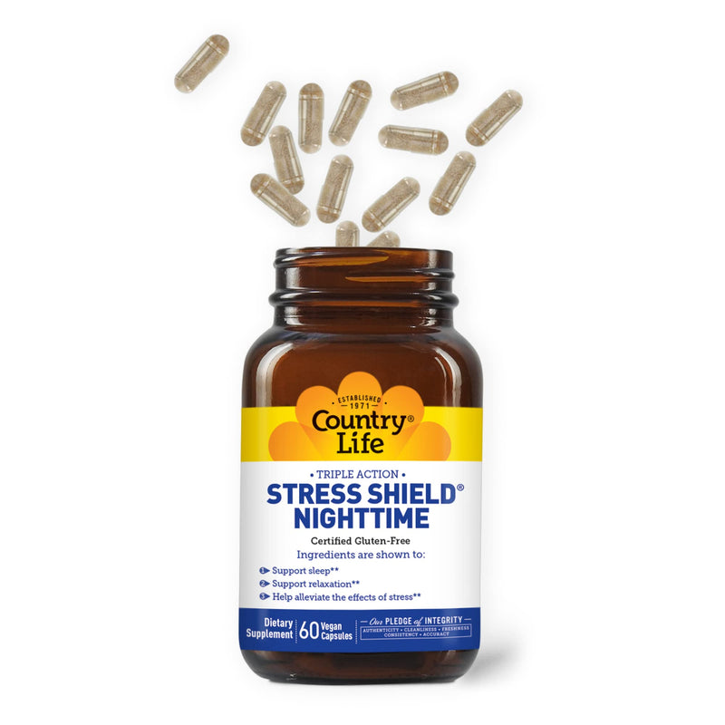 Country Life Stress Shield Nighttime, Sleep Support, 60 Vegetarian Capsules | Sensoril ashwagandha, GABA, L-theanine and botanicals support relaxation at bedtime; certified gluten-free and vegan