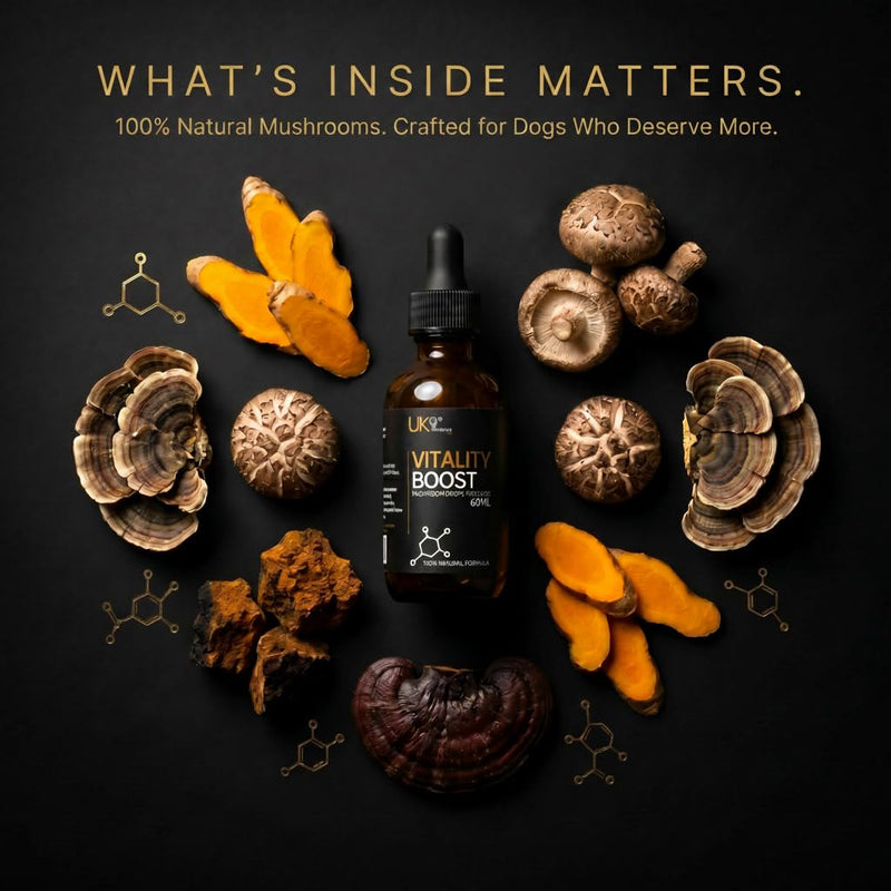 UK9 Vitality Boost, Immune Support Vitamins for Dogs, Wild Mushroom for dogs, with Chaga, Turkey Tail, Shiitake, Reishi and Maitake Mushroom Extract, Beta Glucan 60ml easy dosage liquid k9 drops.