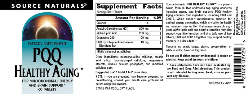 Source Naturals, PQQ Healthy Aging - 10 mg - 60 Tablets | For Mitochondrial Energy & Brain Support 1 Count (Pack of 60)