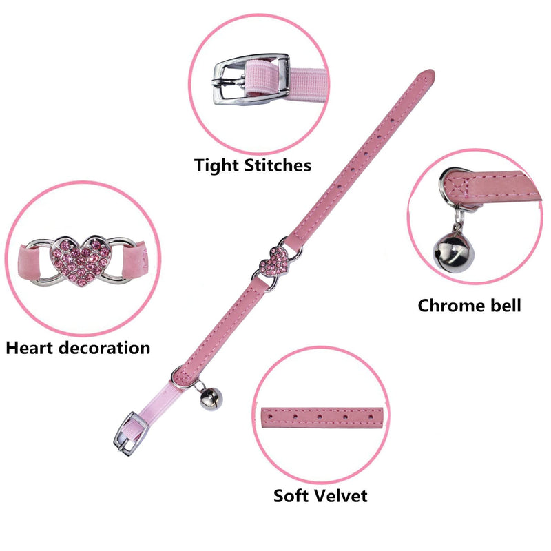 Heart Bling Cat Collar with Safety Belt and Bell Adjustable 8-10 inches for Kitten Cats (Pink) Pink