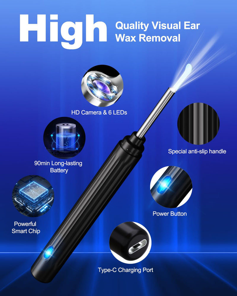 Ear Wax Removal Kit,Ear Cleaner with Camera,Ear Cleaning Kit 1269P HD Otoscope with Lights and 6 Ear Picks, Earwax Removal for Adults and Children Black - BeesActive Australia