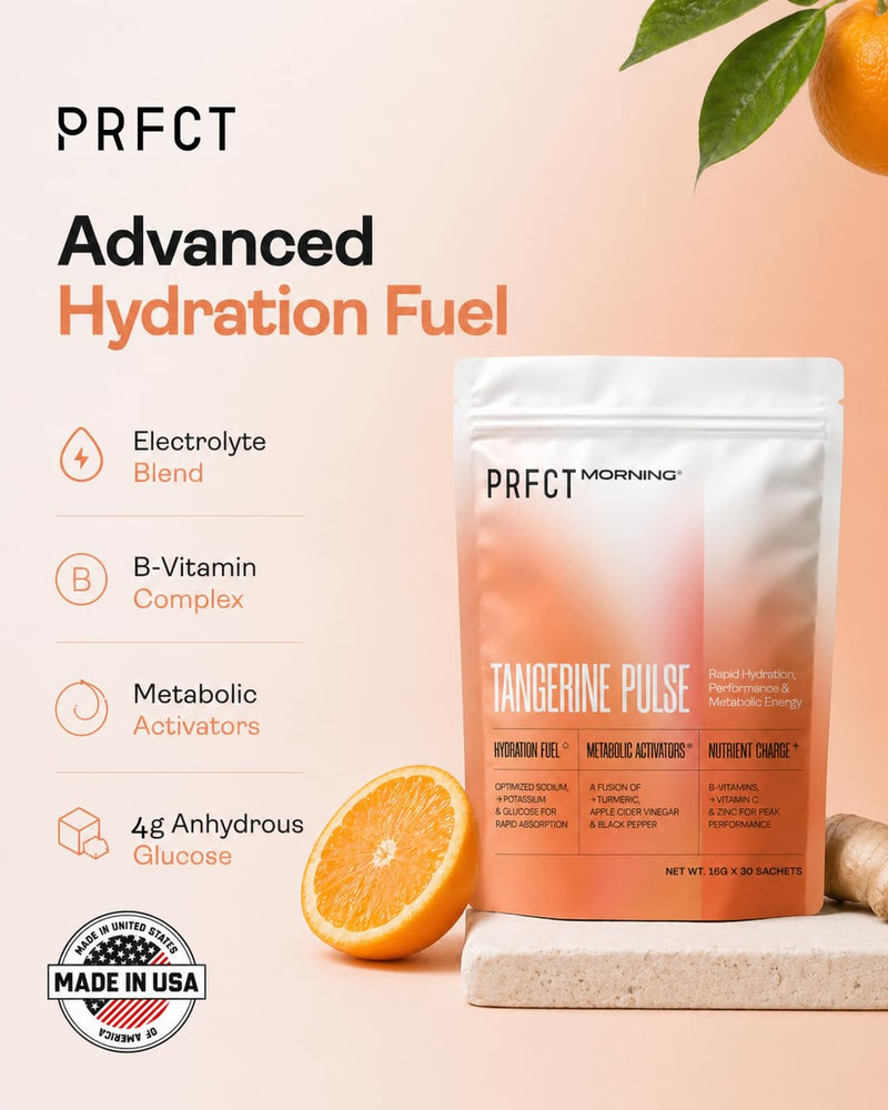 PRFCT Morning 3-in-1 Electrolyte Powder -15-Min Fast Hydration - Metabolism & Cortisol Support - 1,200mg Electrolytes - Vitamin C | B6 | B12 | Zinc | ACV | Turmeric - Orange Juice Flavor 30 Day Supply