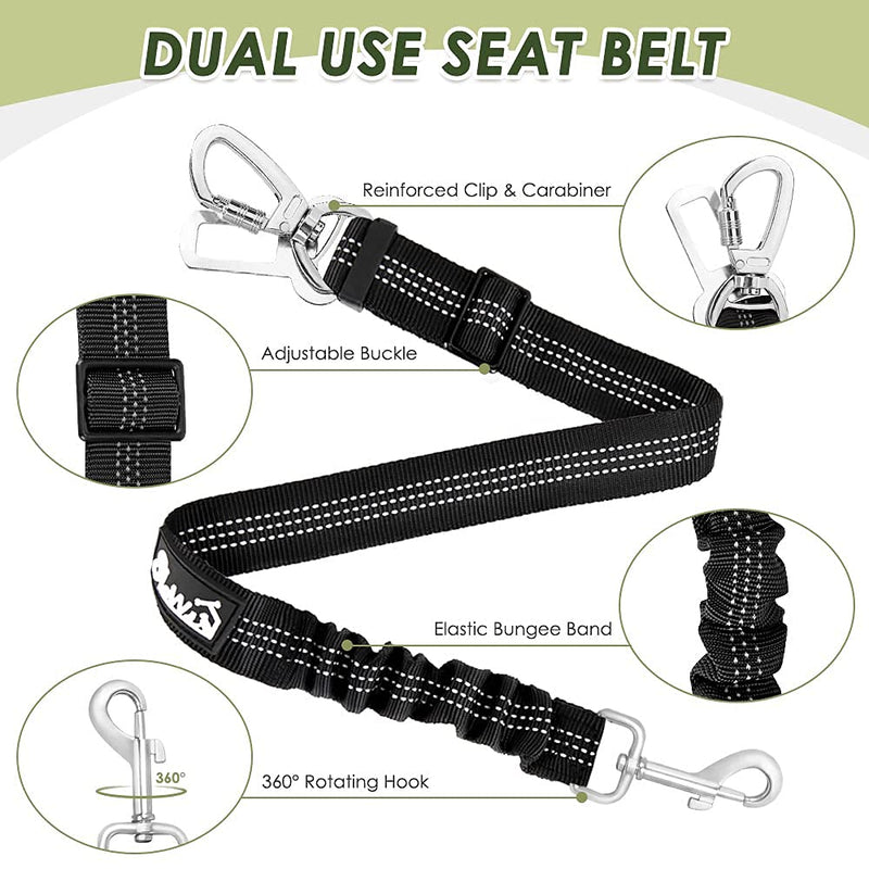 SlowTon Dog Seatbelt, 2 Pack Dog Seat Belt Car Leash Adjustable Elastic Bungee Buffer Heavy Duty Nylon Reflective Pet Safety Tether Connect to Dog Harness for Travel Riding in Vehicle (Daul Clip, B) Black Seatbelt Clip + Carabiner - BeesActive Australia
