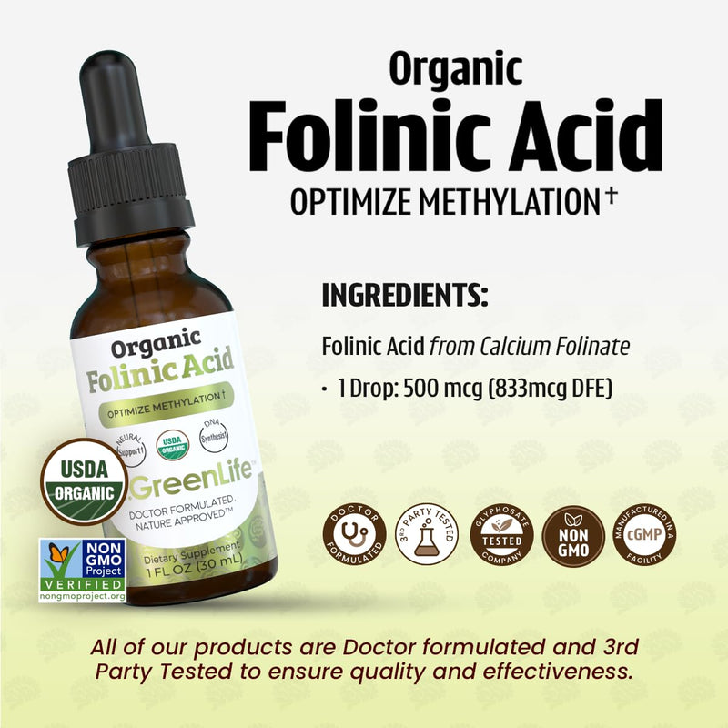Dr. Green Mom Folinic Acid For Kids & Adults — High Dose — MTHFR-Friendly Folic Acid Alternative — Organic Liquid Drops — 500 mcg/Drop — Vitamin B9 for Methylation, Neurological & DNA Support, 1 fl oz