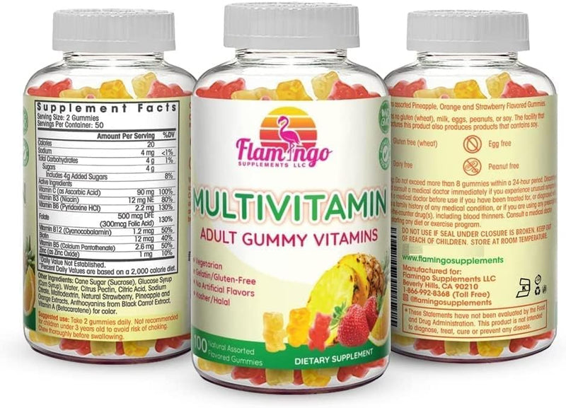 Flamingo Supplements Multivitamin Gummies | Vegan Friendly, Kosher Halal NO Gluten or Gelatin, no GMO| for Men, Women & Kids| 3 Natural Flavors | Vitamins C, B3, B12, Biotin, Zinc & More| 100 Gummies
