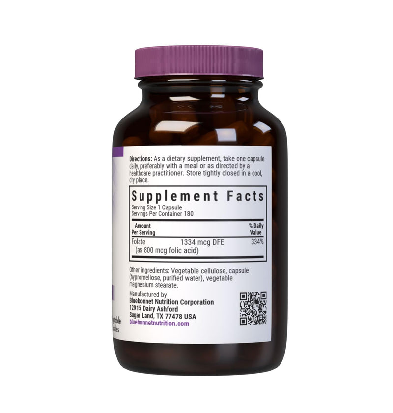 Bluebonnet Nutrition Folic Acid 800mcg, Healthy Neurological Development, Soy, Dairy & Gluten Free, Non-GMO, Kosher Certified, Vegan, Vegetable Capsules, 180 Count | Prenatal & Postnatal Health; Non-GMO, Vegan, Kosher Certified, Gluten-Free, Soy-Free, ...