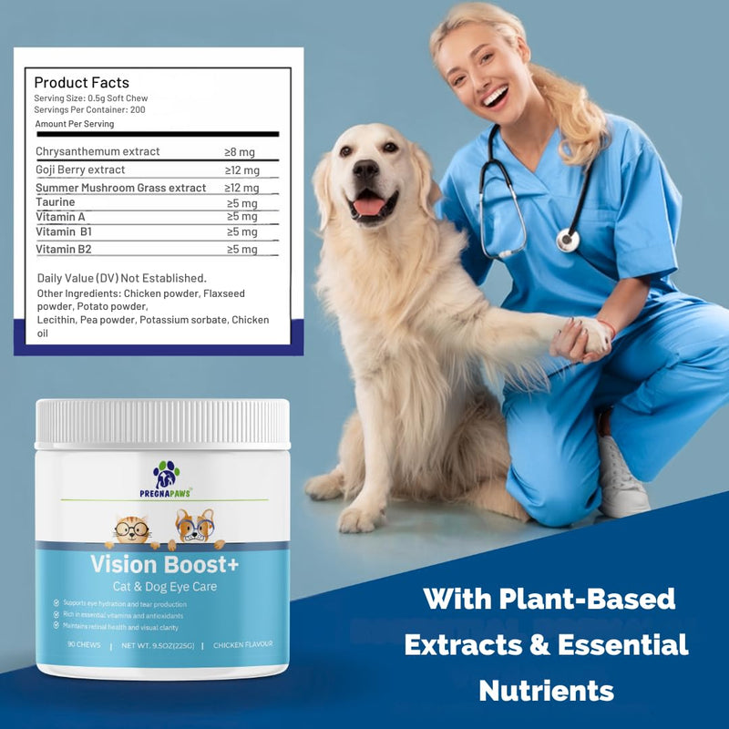 Dog Eye Supplement for Puppies, Dogs & Cats – Natural Eye Vitamins with Taurine, Goji Berry & Chrysanthemum – Supplement for Healthy Eyes – 90 Soft Chews
