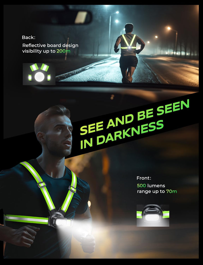 500LM High-Visibility Running Lights for Runners with 7 Modes, Adjustable 45° Beam, 360° Reflective Vest & IPX4 Waterproof Running Vest Headlamp for Night Walking/Cycling, 3.5-20Hrs Runtime - BeesActive Australia