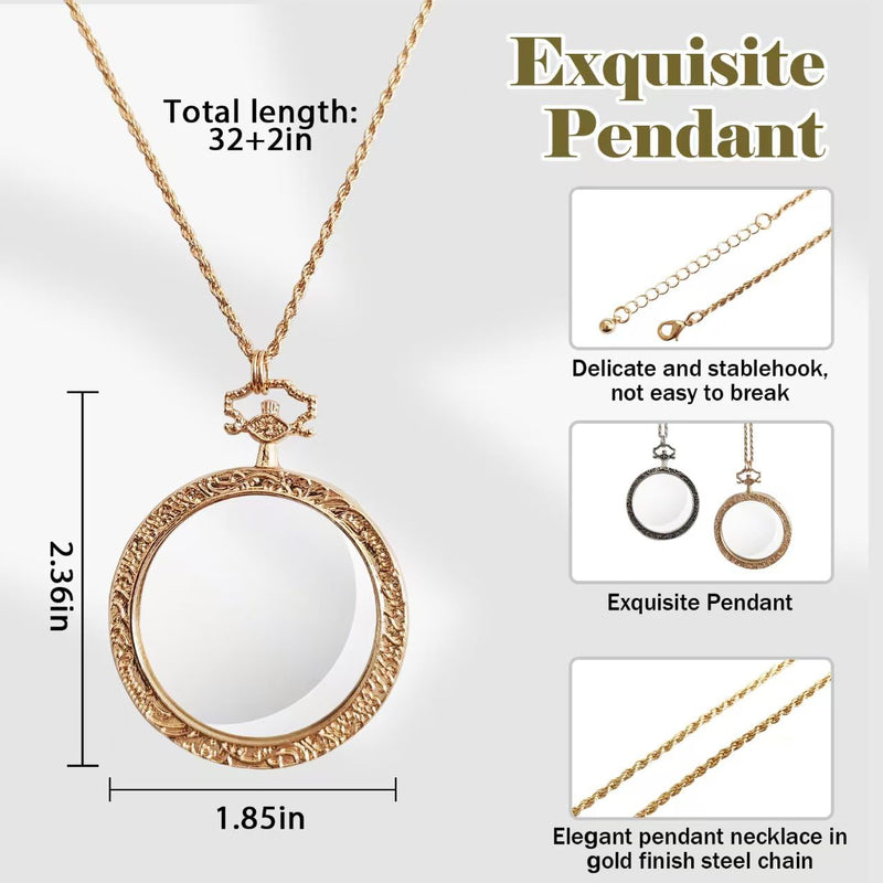 YYHSND 10X Magnifying Glass Necklace Magnifier Necklace Pendant Optical Magnifier with Chain Necklace for Library, Reading, Zooming and Jewelry (Pure Gold) Pure Gold